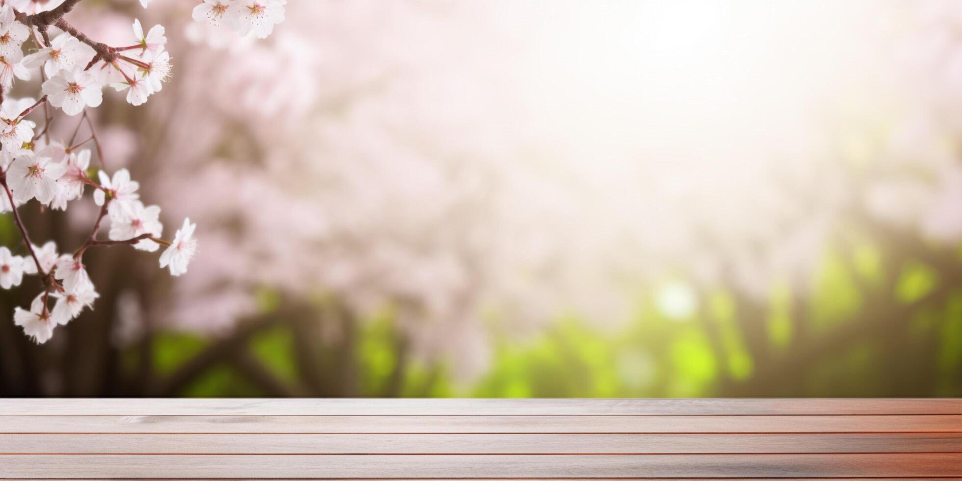 Empty wooden table with spring blur background photo