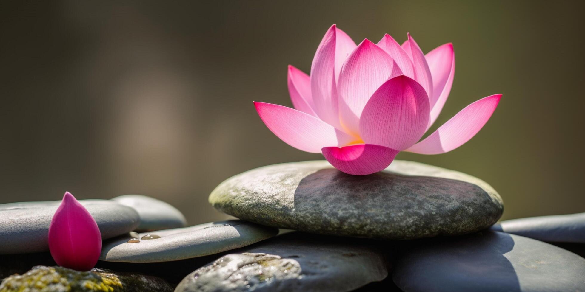 Pink lotus sits on a stack of rocks photo