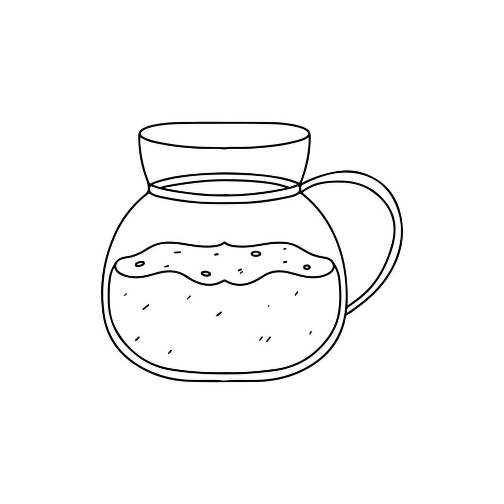 Jug with liquid in hand drawn doodle style. Vector illustration isolated on white. Coloring page.