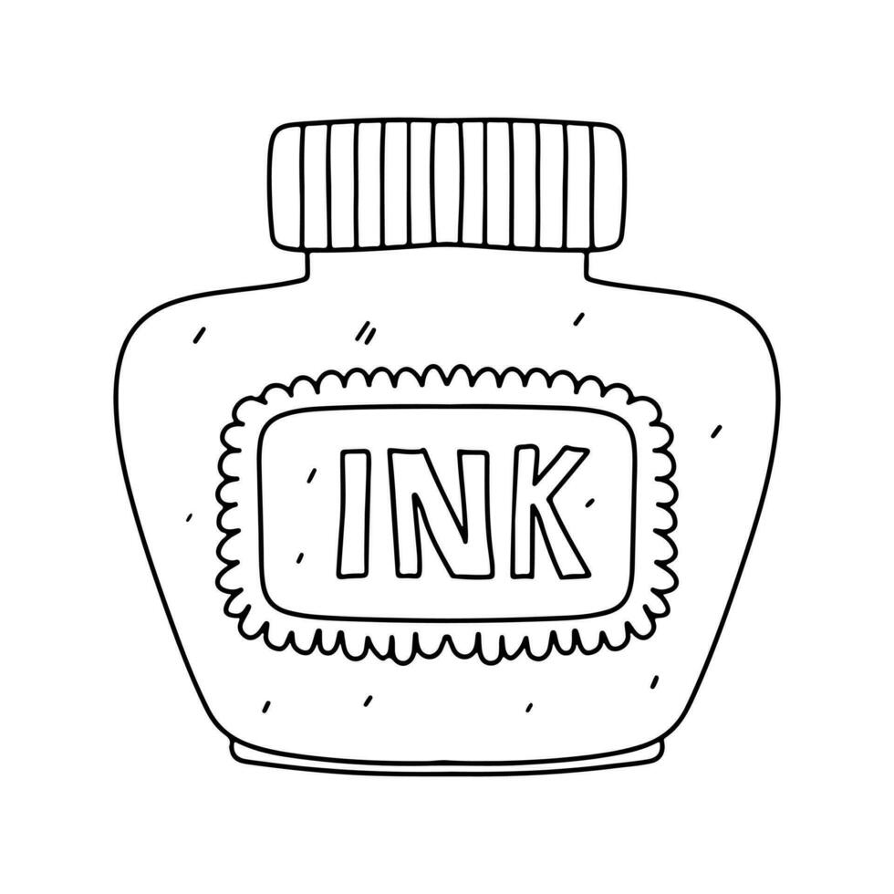 Ink bottle in hand drawn doodle style. Vector illustration isolated on white. Coloring page.