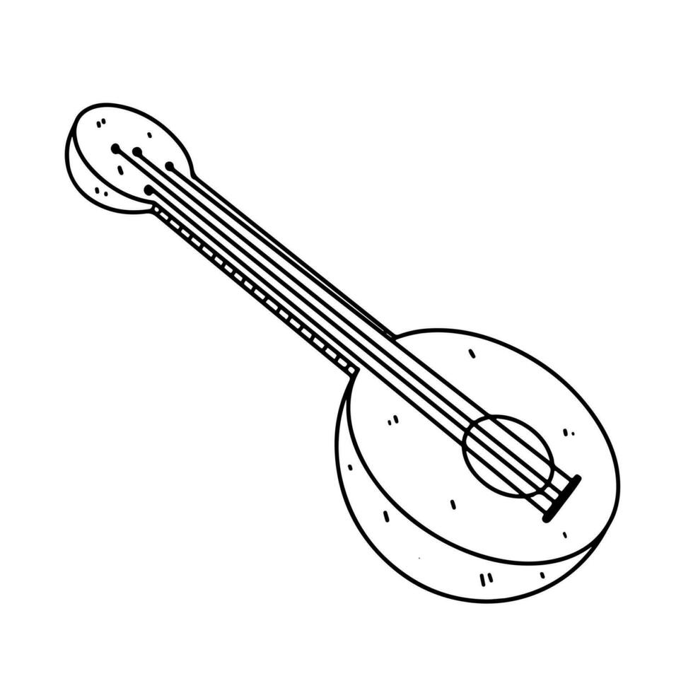 Mandolin in hand drawn doodle style. Vector illustration isolated on white. Coloring page. Musical instrument.