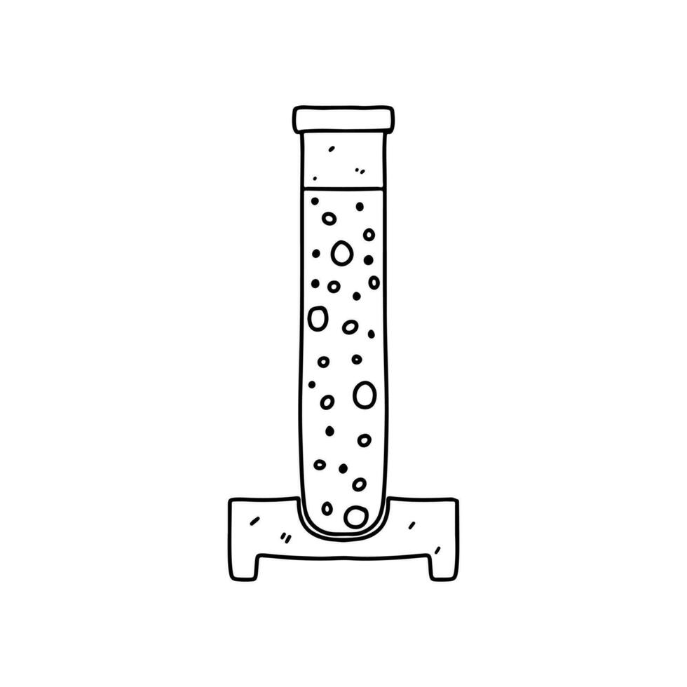 Glass test tube with liquid in hand drawn doodle style. Vector illustration isolated on white. Coloring page.