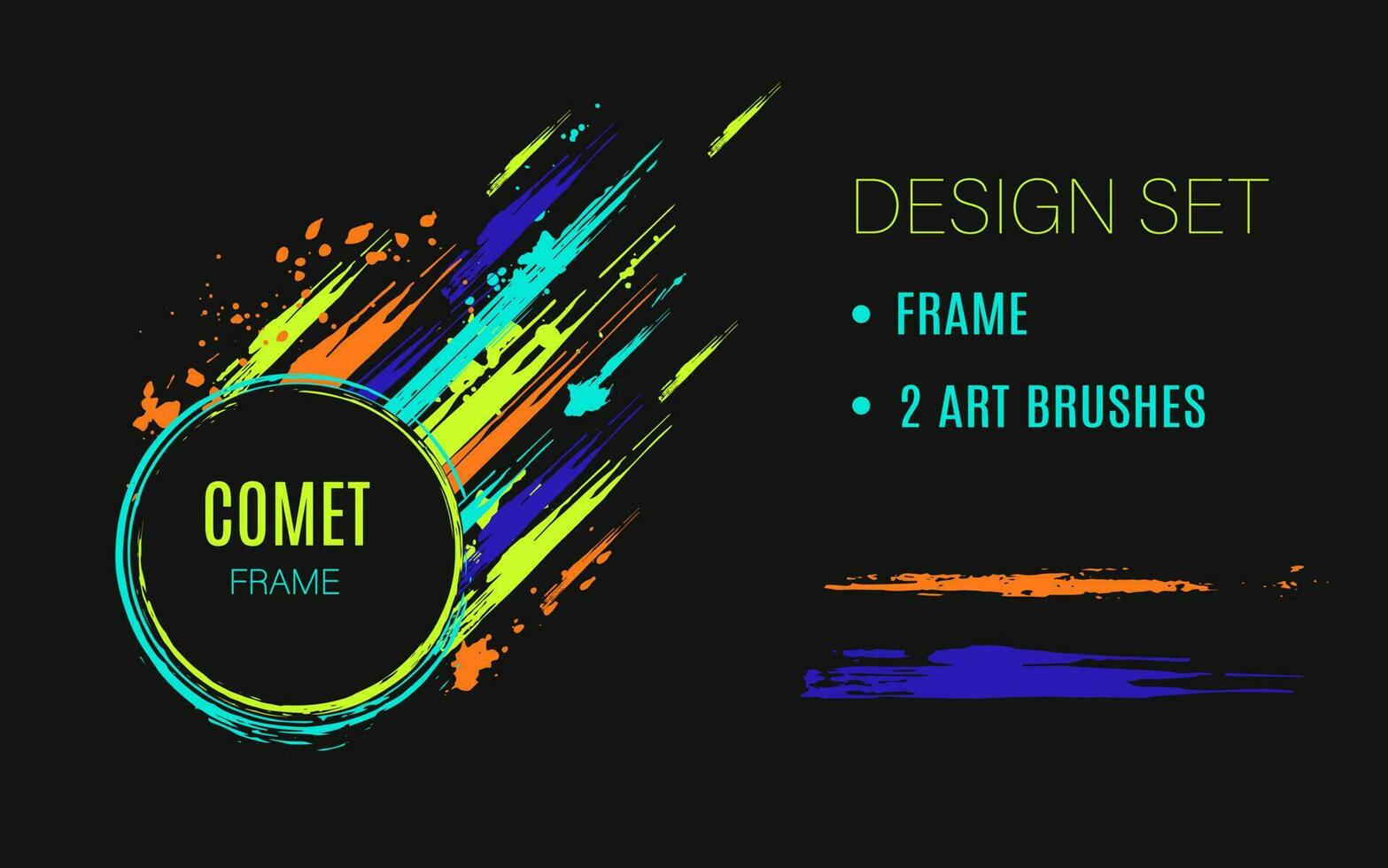 Set of design elements, circular frame like comet, grunge art brushes Dark circle on background with paint brush strokes, dynamic glowing lines, spattered paint of neon bright colors Abstract clip art vector