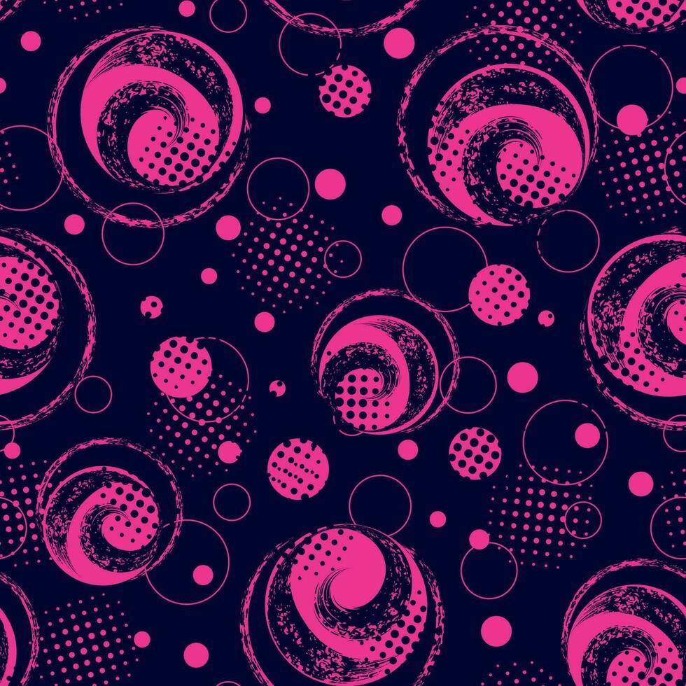 Abstract seamless pattern with round grunge paint brush stroke. Pink circles on dark blue background. Modern grunge texture with halftone. Perfect for sportswear, sporting goods vector