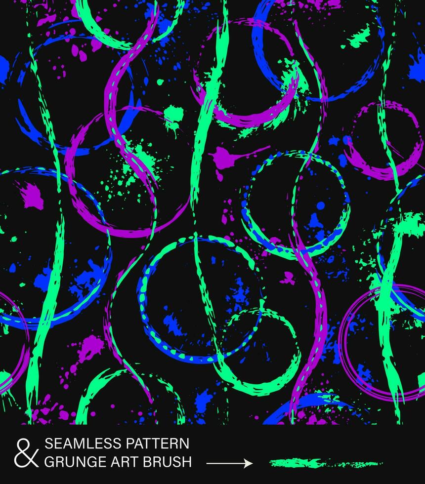 Pattern with circles, paint brush strokes, wavy lines, spattered paint of neon bright colors. Virtual abstract background. Grunge style for sports goods, prints, clothing, t shirt design, vinyl wrap. vector