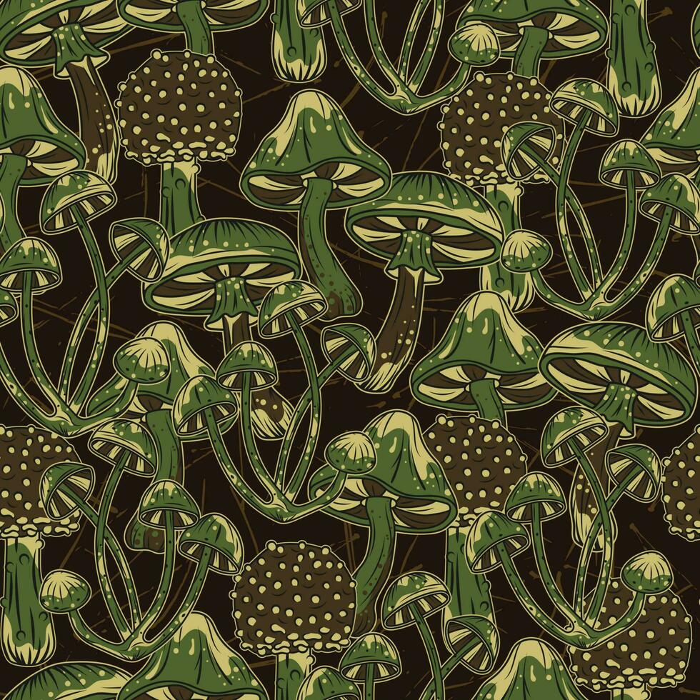 Green khaki camouflage pattern with fantasy mushrooms. Dark textured background behind. Good for apparel, clothing, fabric, textile, sport goods. vector