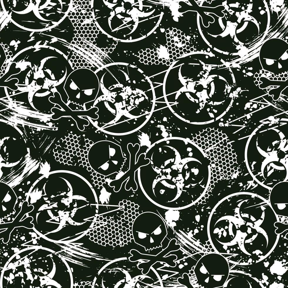 Seamless black and white camouflage pattern with Biological hazard symbol, paint brush strokes, skull and crossbones, hexagon net. For apparel, fabric, textile, sport goods. Grunge texture vector