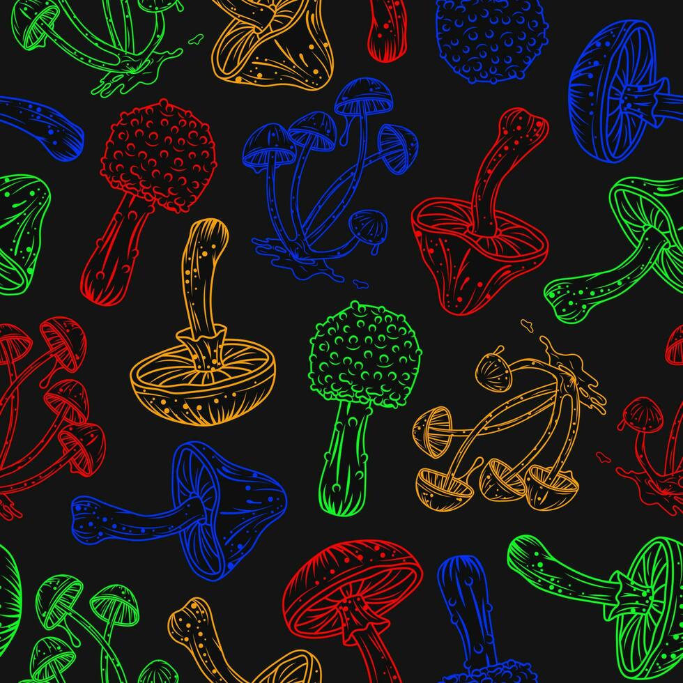 Pattern with mushrooms in bright fluorescent colors. Outline inverse illustration vector