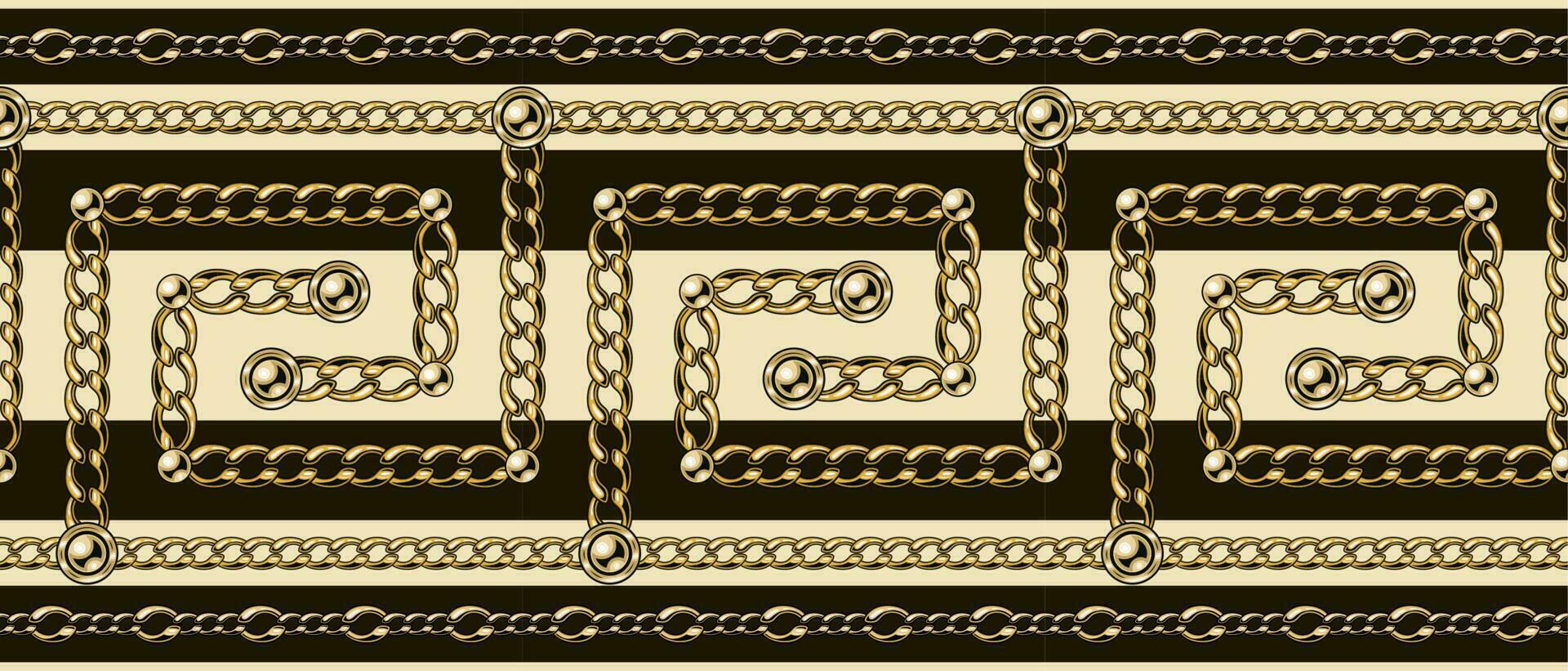 Greek pattern border with gold chains, beads. Beige, brown colors, horizontal stripes. Traditional ancient greek border ornament. vector