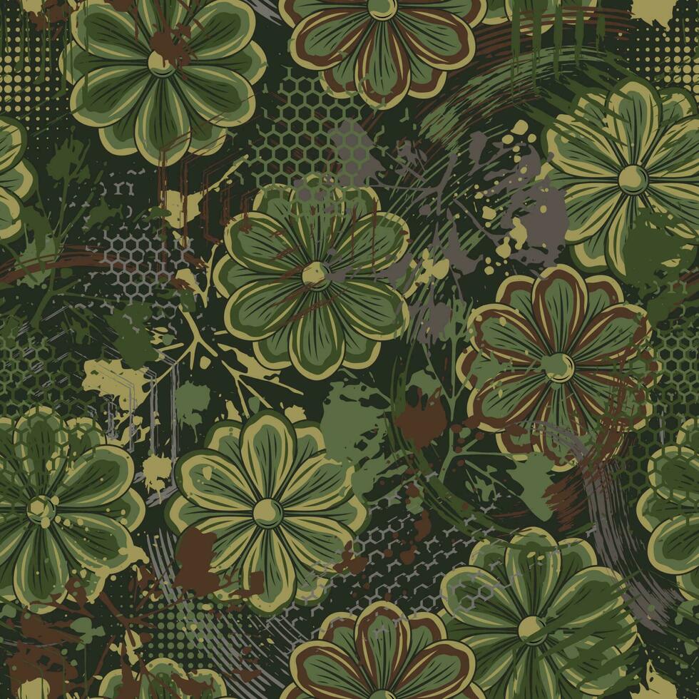 sin costura verde camuflaje modelo con manzanilla flor pintar cepillo trazos, resumen pintar salpicar, mancha, hexágono formas bueno para vestir, tela, textil, deporte bienes. grunge textura vector