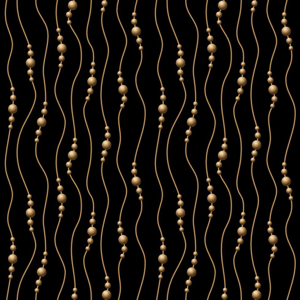 Seamless pattern with golden balls, beads on thin wavy vertical golden cord. Vector