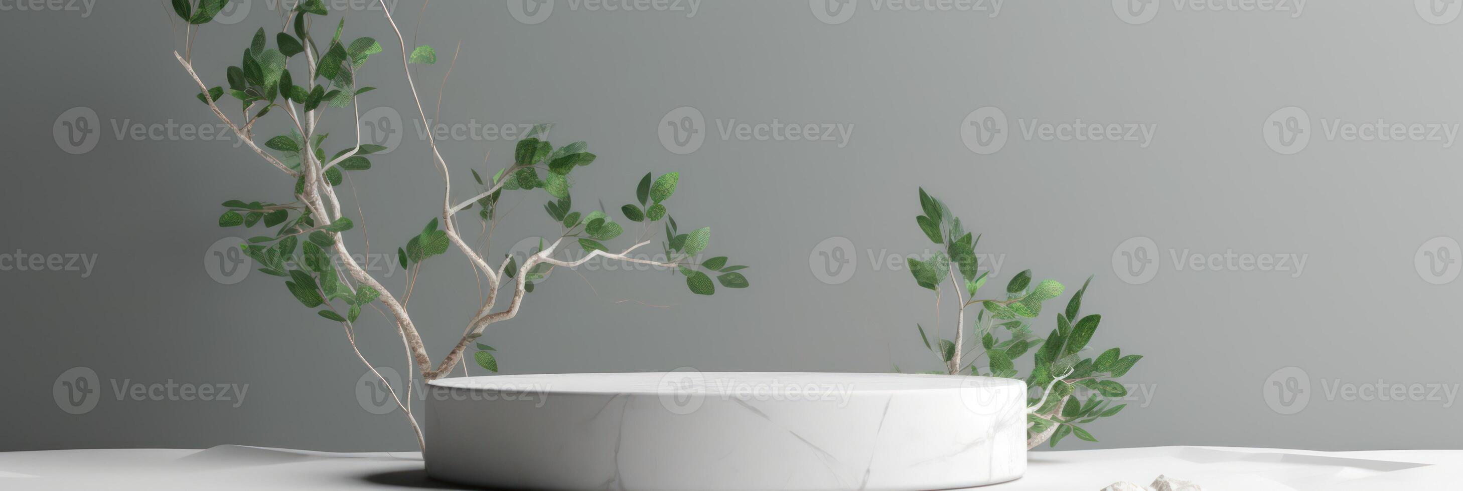 White podium display for product advertising. cosmetic product stand with green leafes decoration. abstract minimal advertise. white background illustration photo