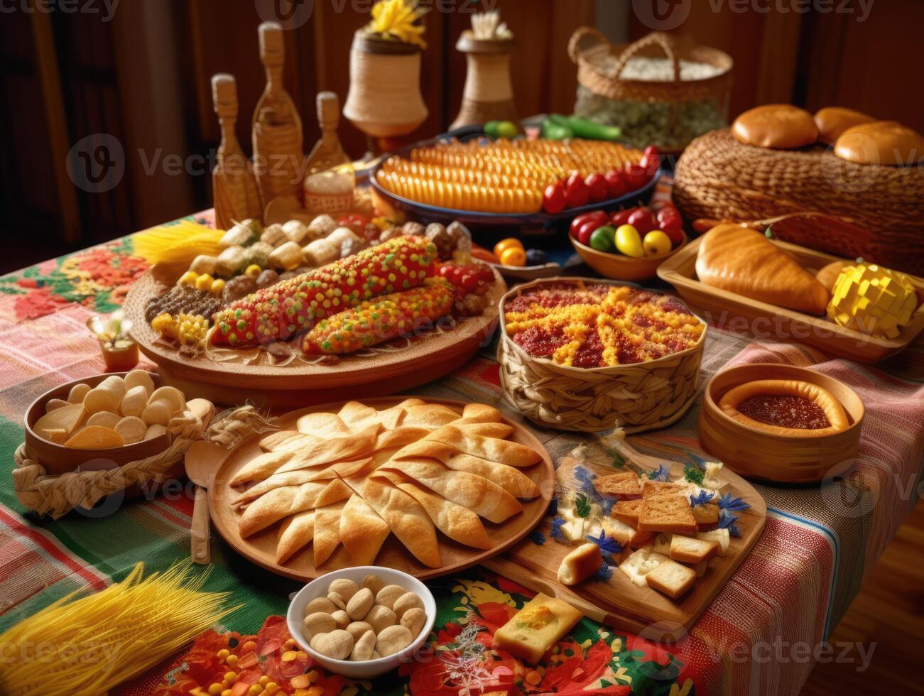 comida fiesta en decorado mesa para festa junina celebracion. brasileño comida para celebrando junio banquete. comida antecedentes generativo ai ilustración foto