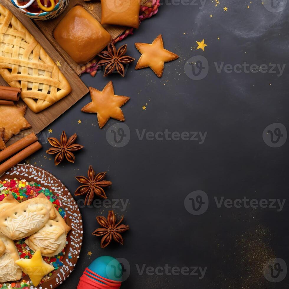 Food party on decorated table for festa junina celebration. Brazilian food for celebrating June feast. food background illustration photo