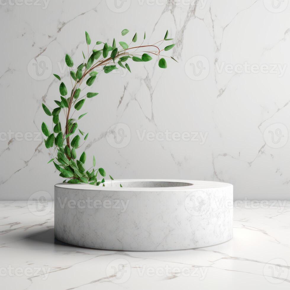 White podium display for product advertising. cosmetic product stand with green leafes decoration. abstract minimal advertise. white background illustration photo