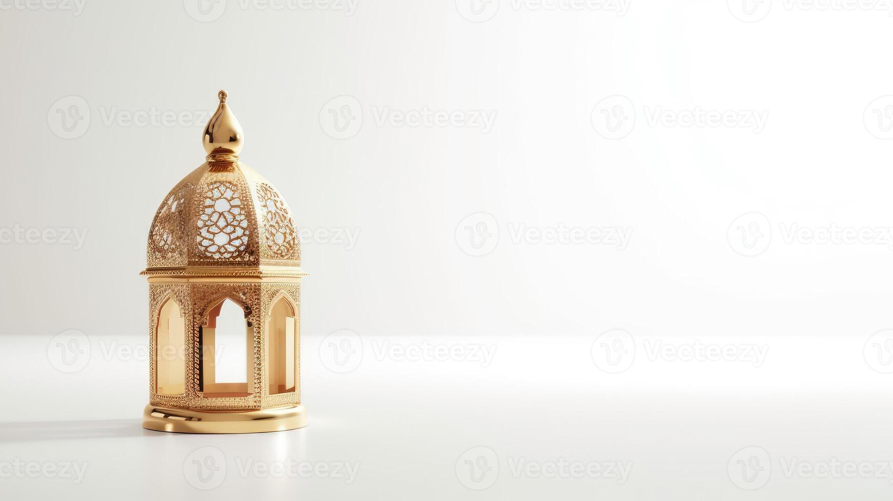 Realistic modern Islamic holiday banner for eid al adha. eid al fitr white background. Golden lantern decoration with space for text. illustration. photo