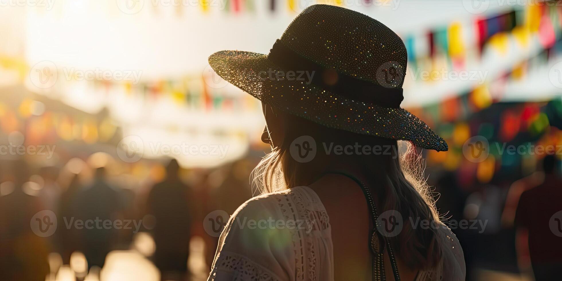 personas vistiendo granjero sombrero celebrando festa junina. silueta multitud de personas celebrar fiestas juninas. vistoso guirnalda junio brasileño festival. sao joao generativo ai ilustración foto