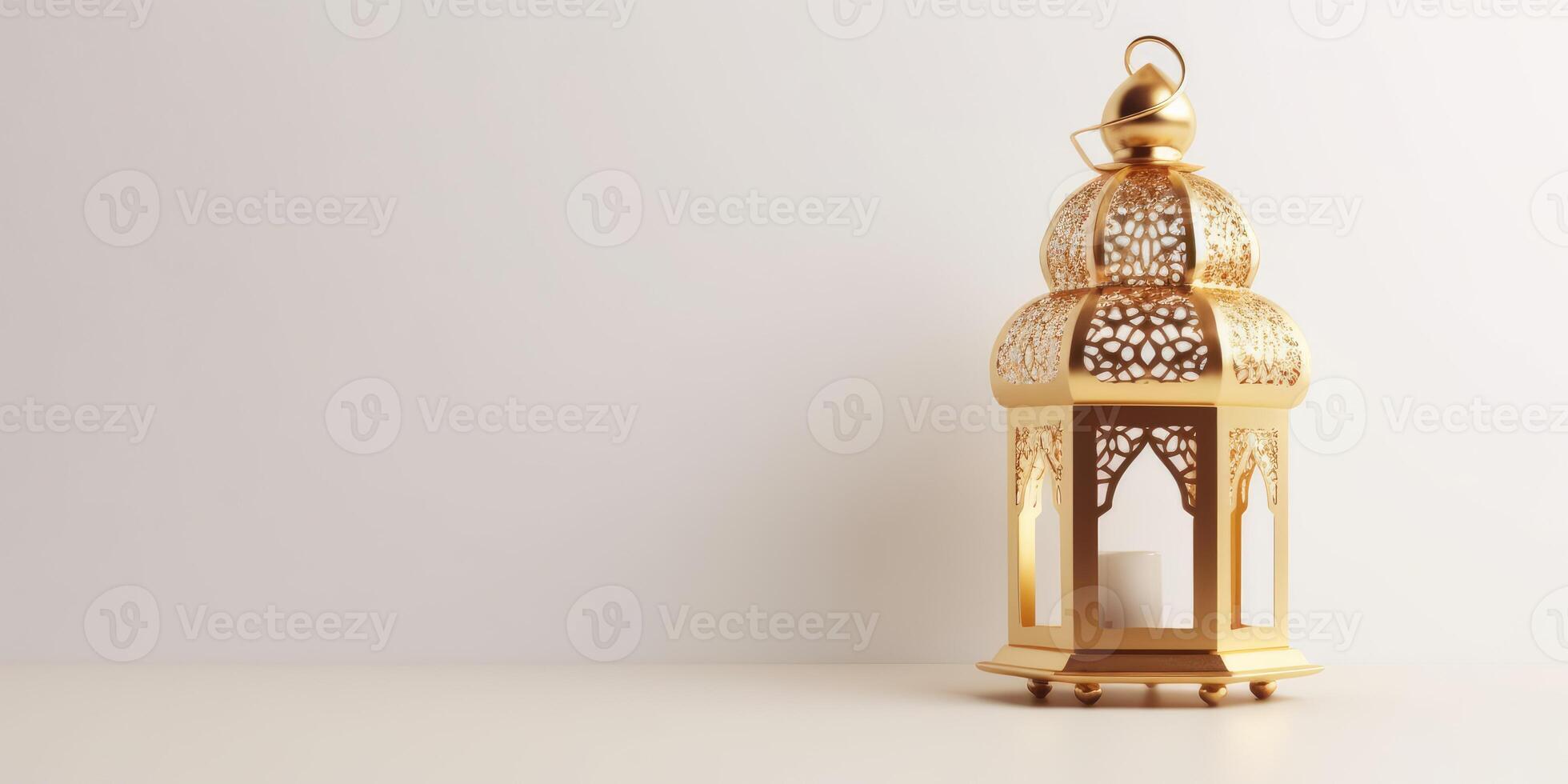 Realistic modern Islamic holiday banner for eid al adha. eid al fitr white background. Golden lantern decoration with space for text. illustration. photo