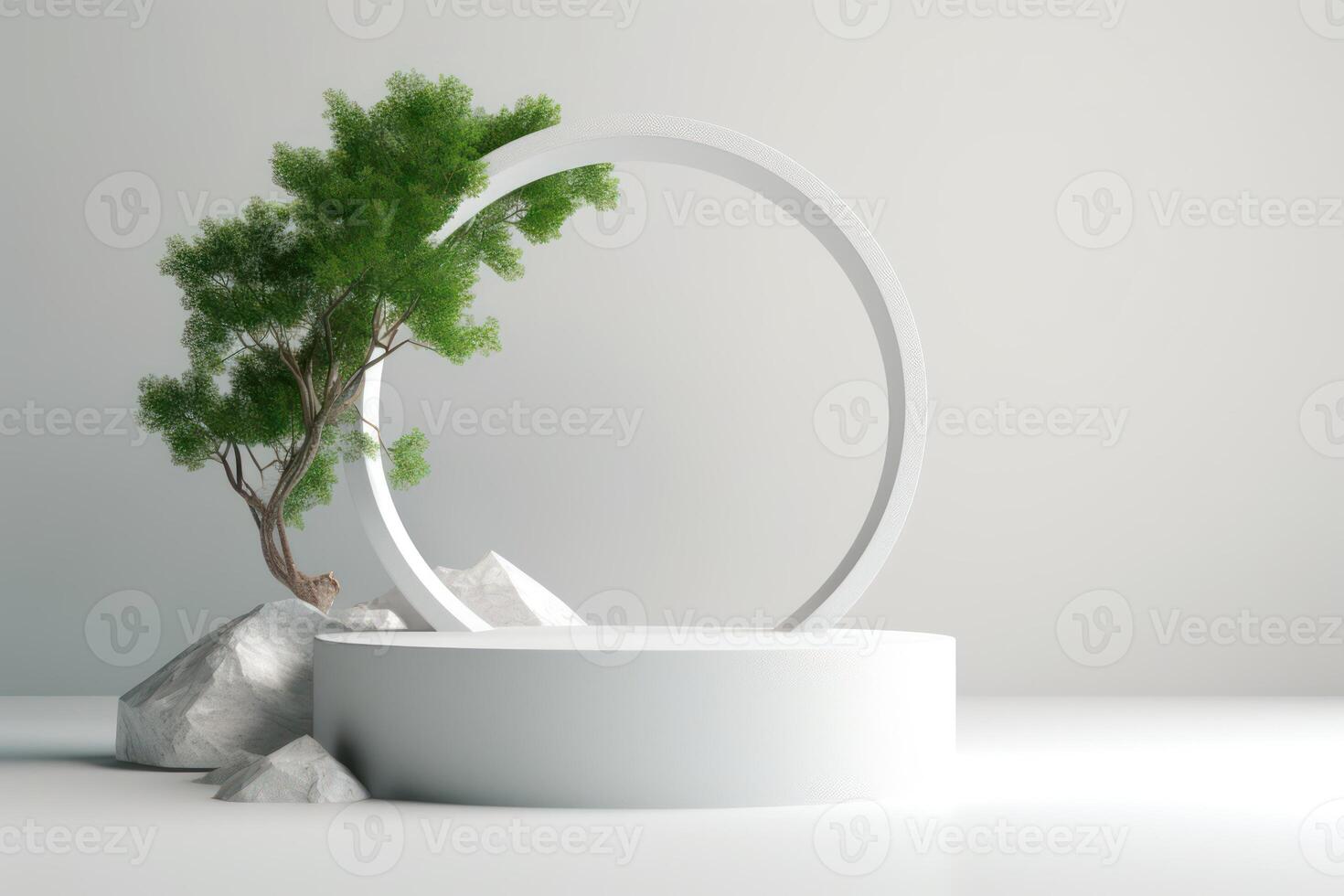 White podium display for product advertising. cosmetic product stand with green leafes decoration. abstract minimal advertise. white background illustration photo