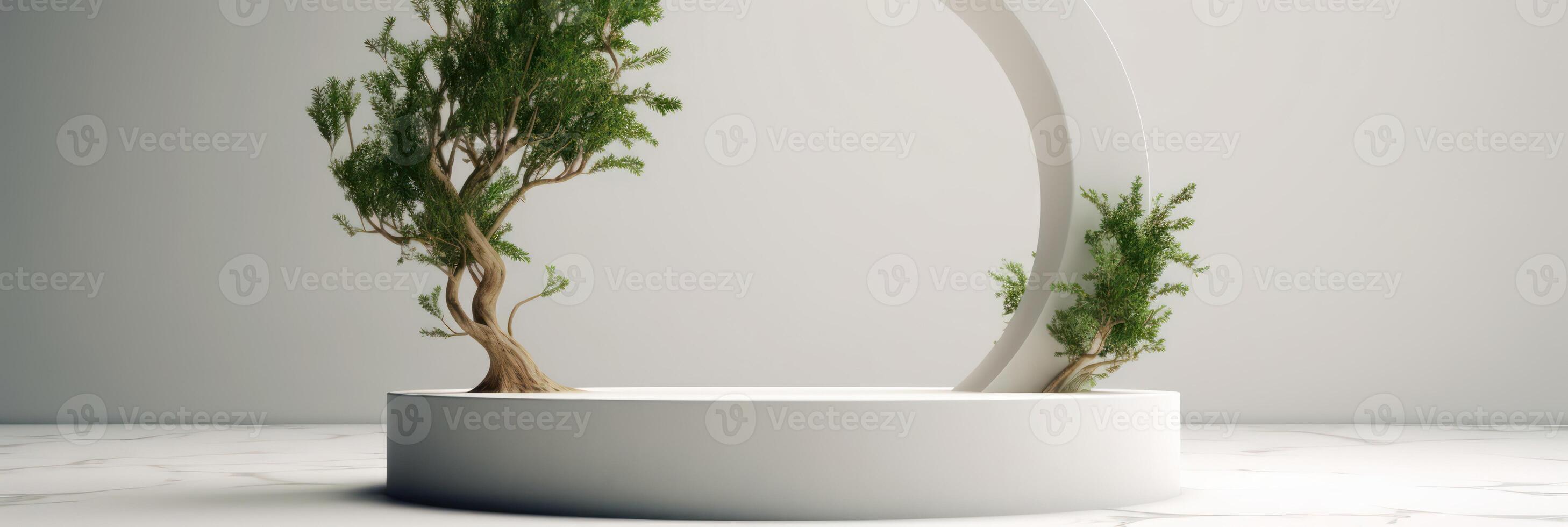 White podium display for product advertising. cosmetic product stand with green leafes decoration. abstract minimal advertise. white background illustration photo