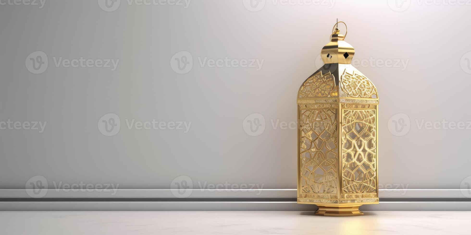 Realistic modern Islamic holiday banner for eid al adha. eid al fitr white background. Golden lantern decoration with space for text. illustration. photo