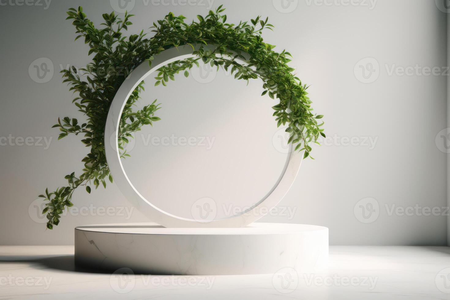 White podium display for product advertising. cosmetic product stand with green leafes decoration. abstract minimal advertise. white background illustration photo
