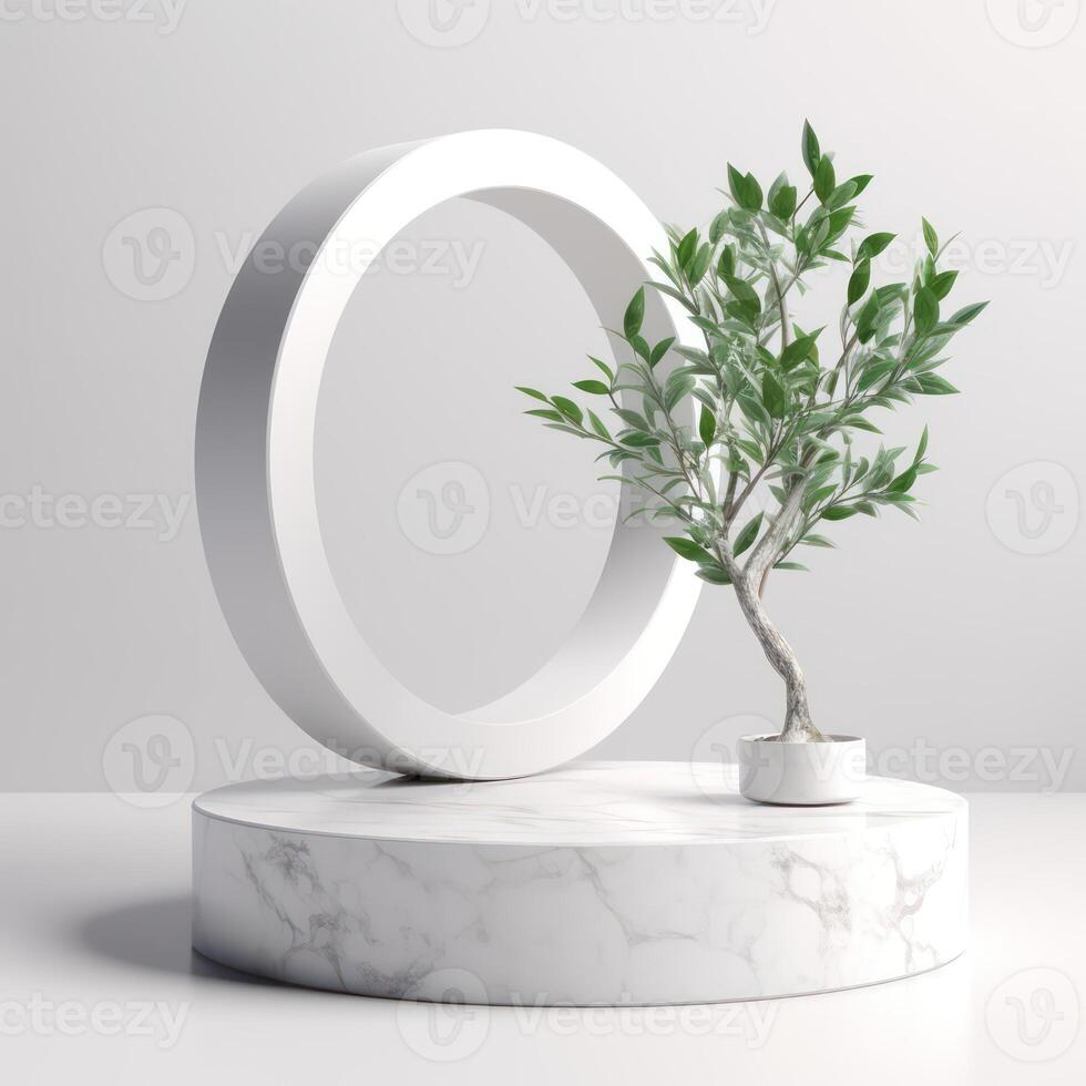 White podium display for product advertising. cosmetic product stand with green leafes decoration. abstract minimal advertise. white background illustration photo