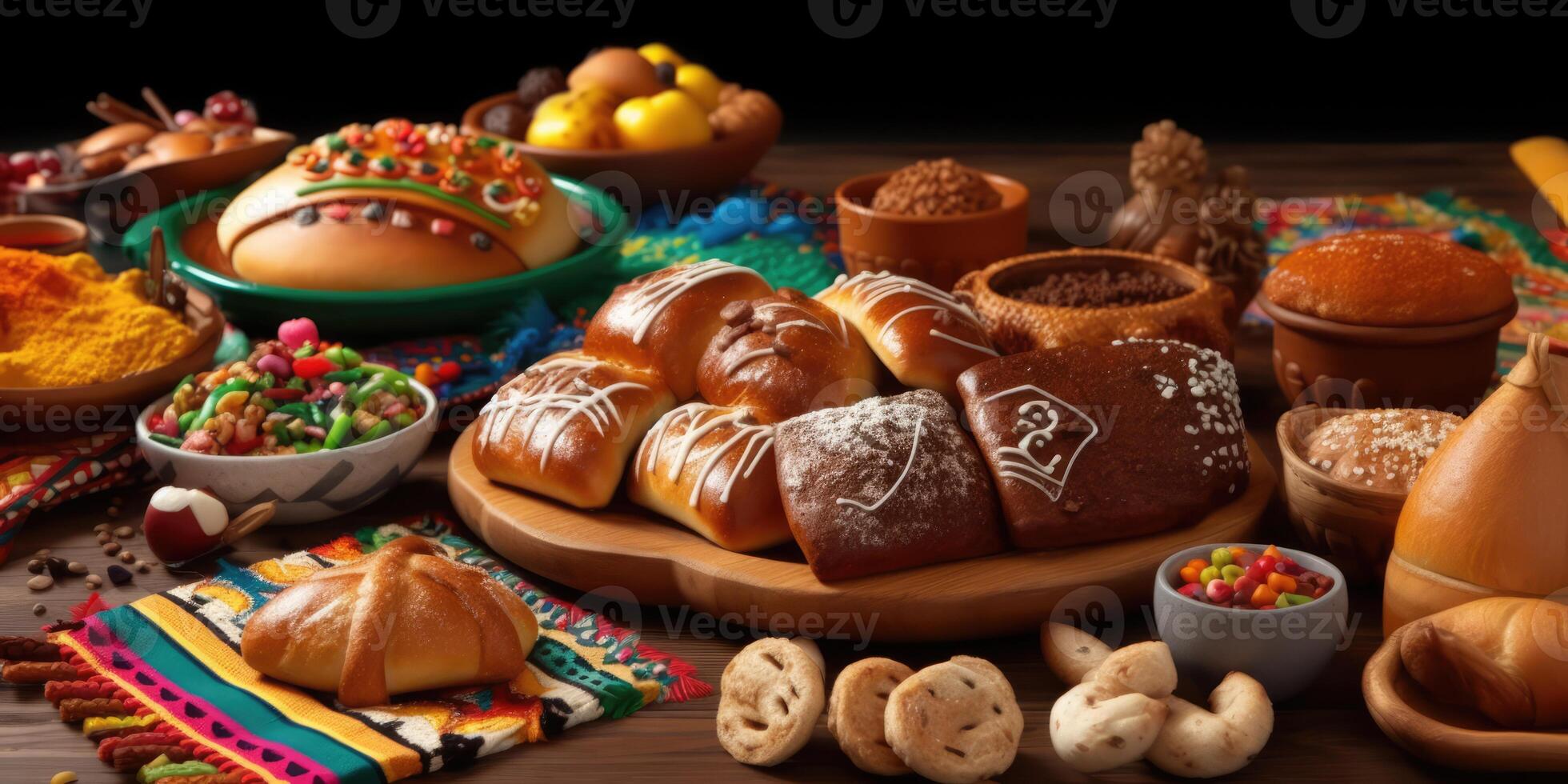 Food party on decorated table for festa junina celebration. Brazilian food for celebrating June feast. food background illustration photo