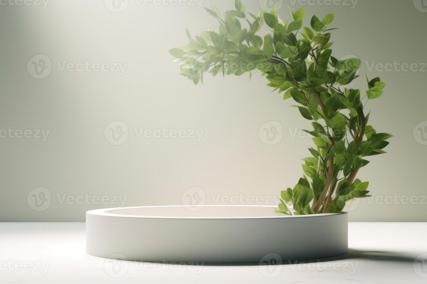 White podium display for product advertising. cosmetic product stand with green leafes decoration. abstract minimal advertise. white background illustration photo