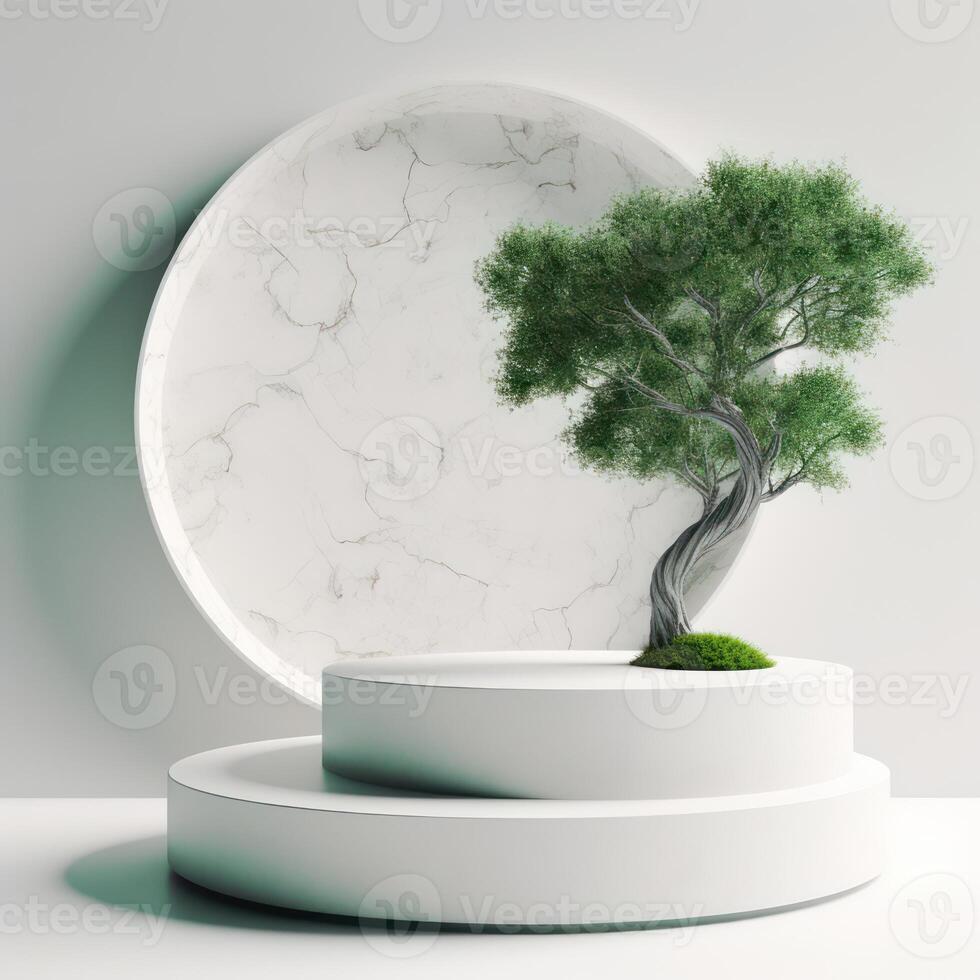 White podium display for product advertising. cosmetic product stand with green leafes decoration. abstract minimal advertise. white background illustration photo