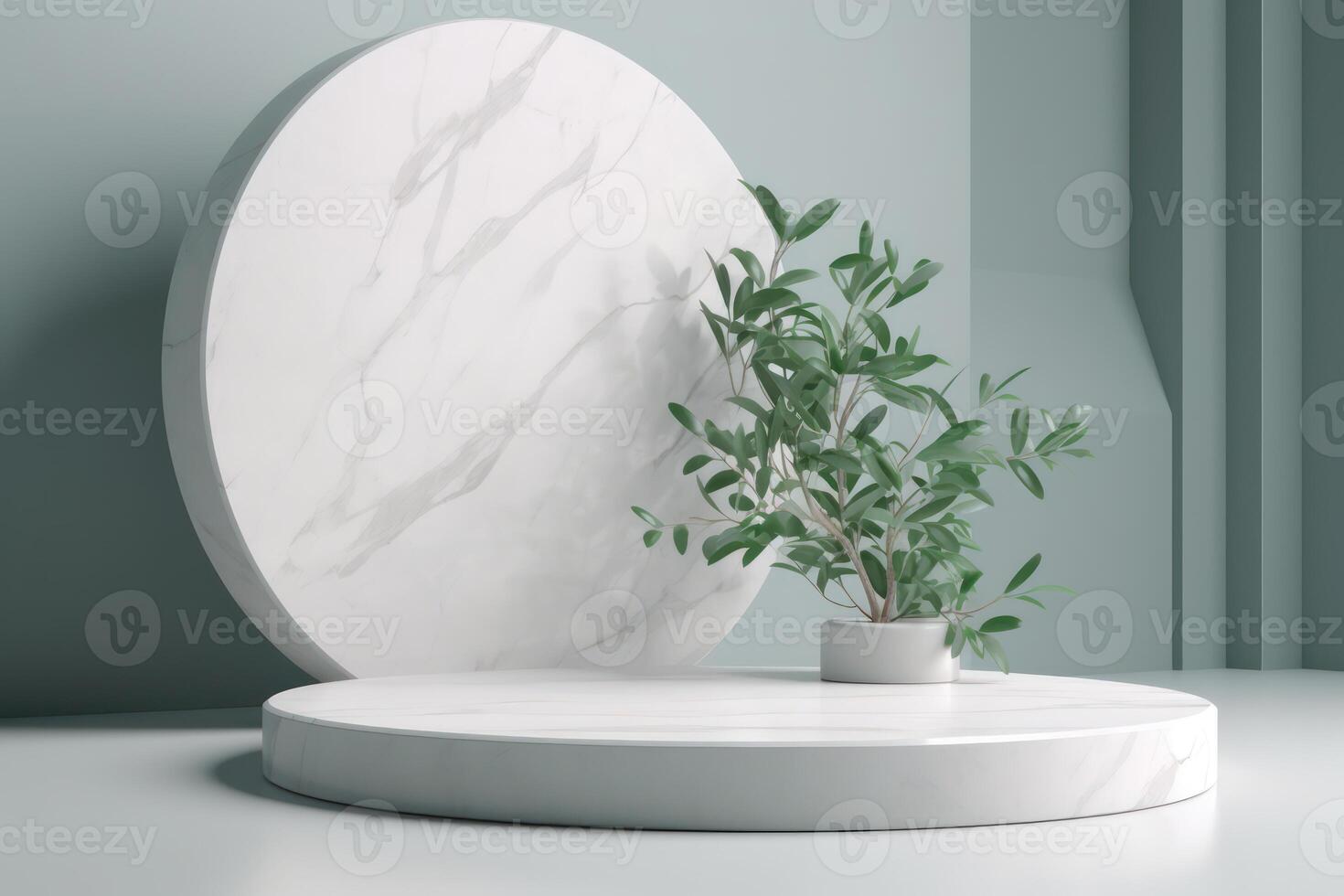 White podium display for product advertising. cosmetic product stand with green leafes decoration. abstract minimal advertise. white background illustration photo