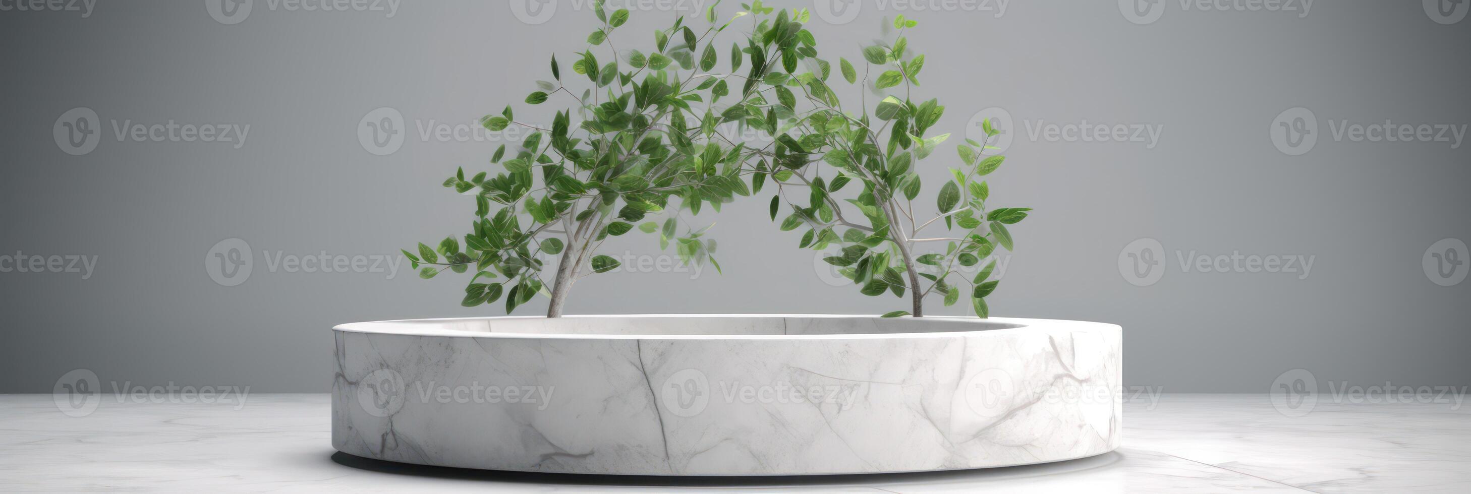 White podium display for product advertising. cosmetic product stand with green leafes decoration. abstract minimal advertise. white background illustration photo