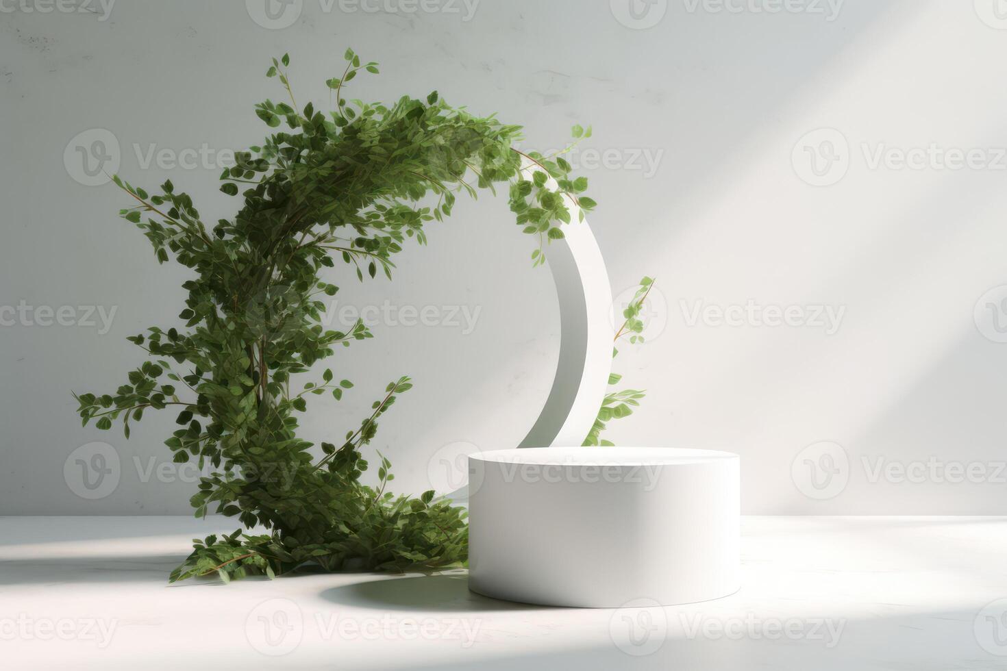 White podium display for product advertising. cosmetic product stand with green leafes decoration. abstract minimal advertise. white background illustration photo