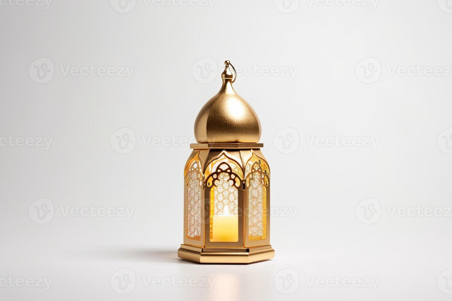 Realistic modern Islamic holiday banner for eid al adha. eid al fitr white background. Golden lantern decoration with space for text. illustration. photo
