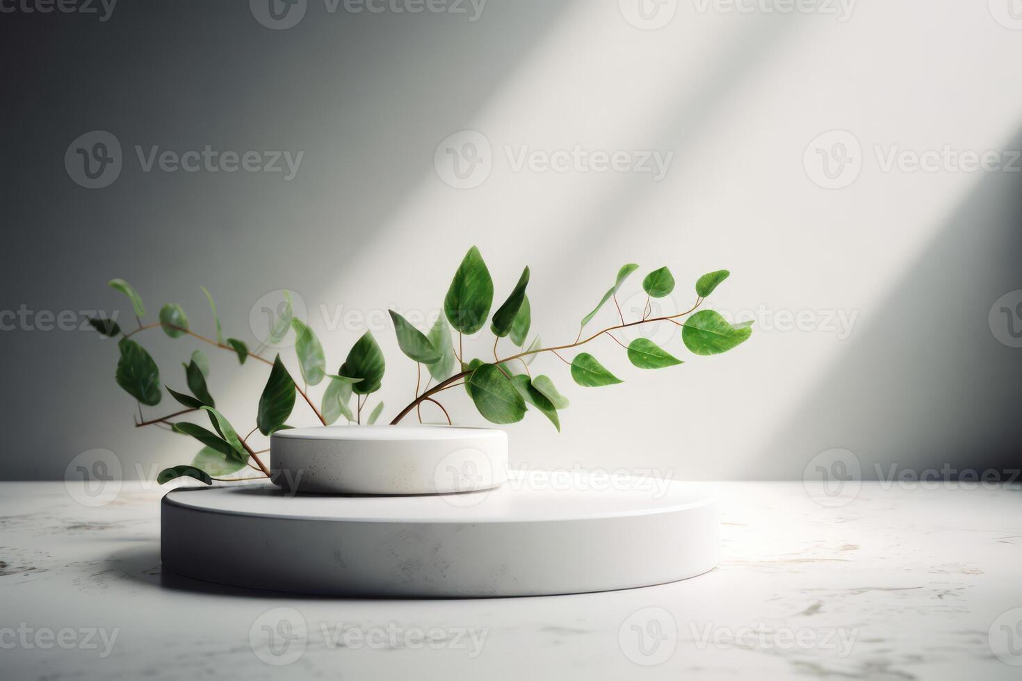 White podium display for product advertising. cosmetic product stand with green leafes decoration. abstract minimal advertise. white background illustration photo