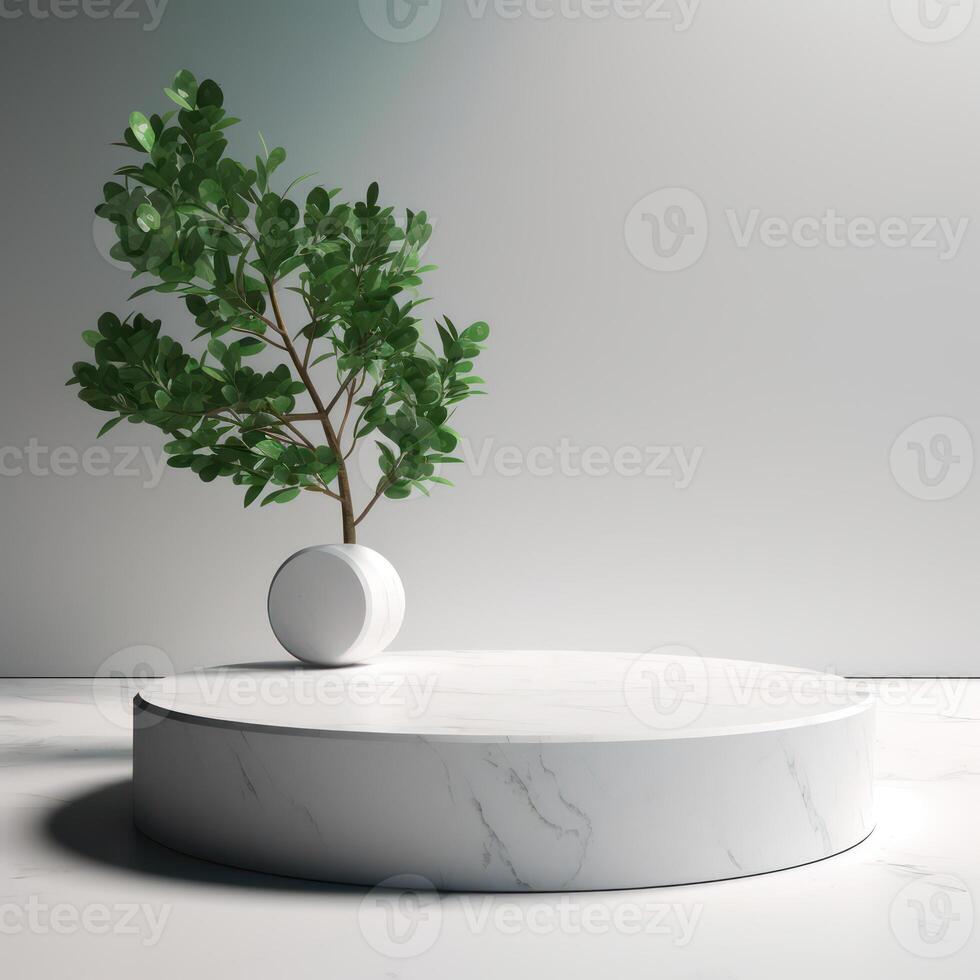 White podium display for product advertising. cosmetic product stand with green leafes decoration. abstract minimal advertise. white background illustration photo