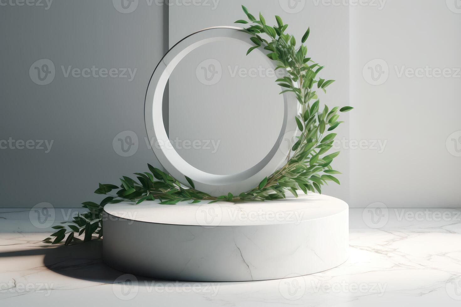 White podium display for product advertising. cosmetic product stand with green leafes decoration. abstract minimal advertise. white background illustration photo