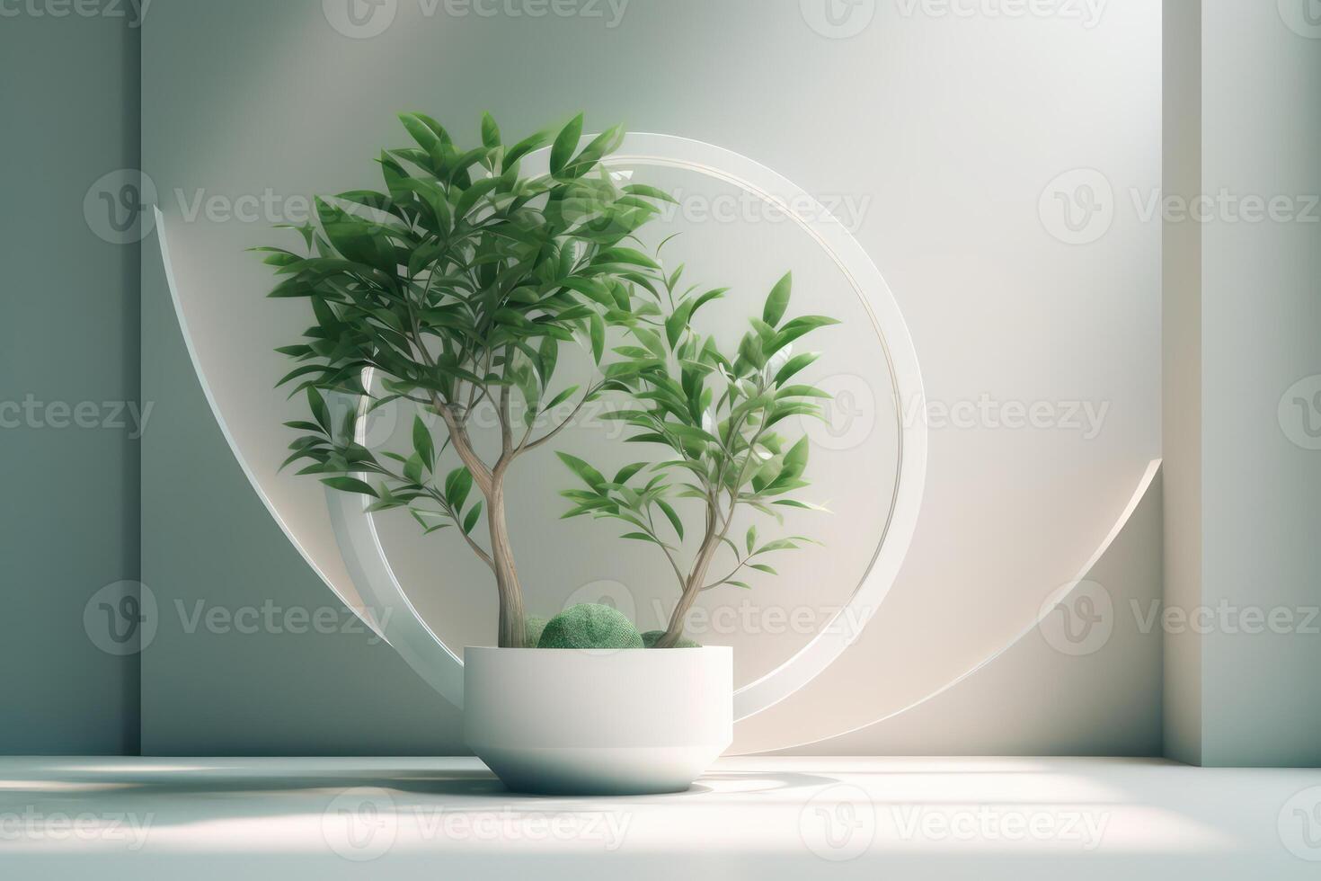 White podium display for product advertising. cosmetic product stand with green leafes decoration. abstract minimal advertise. white background illustration photo