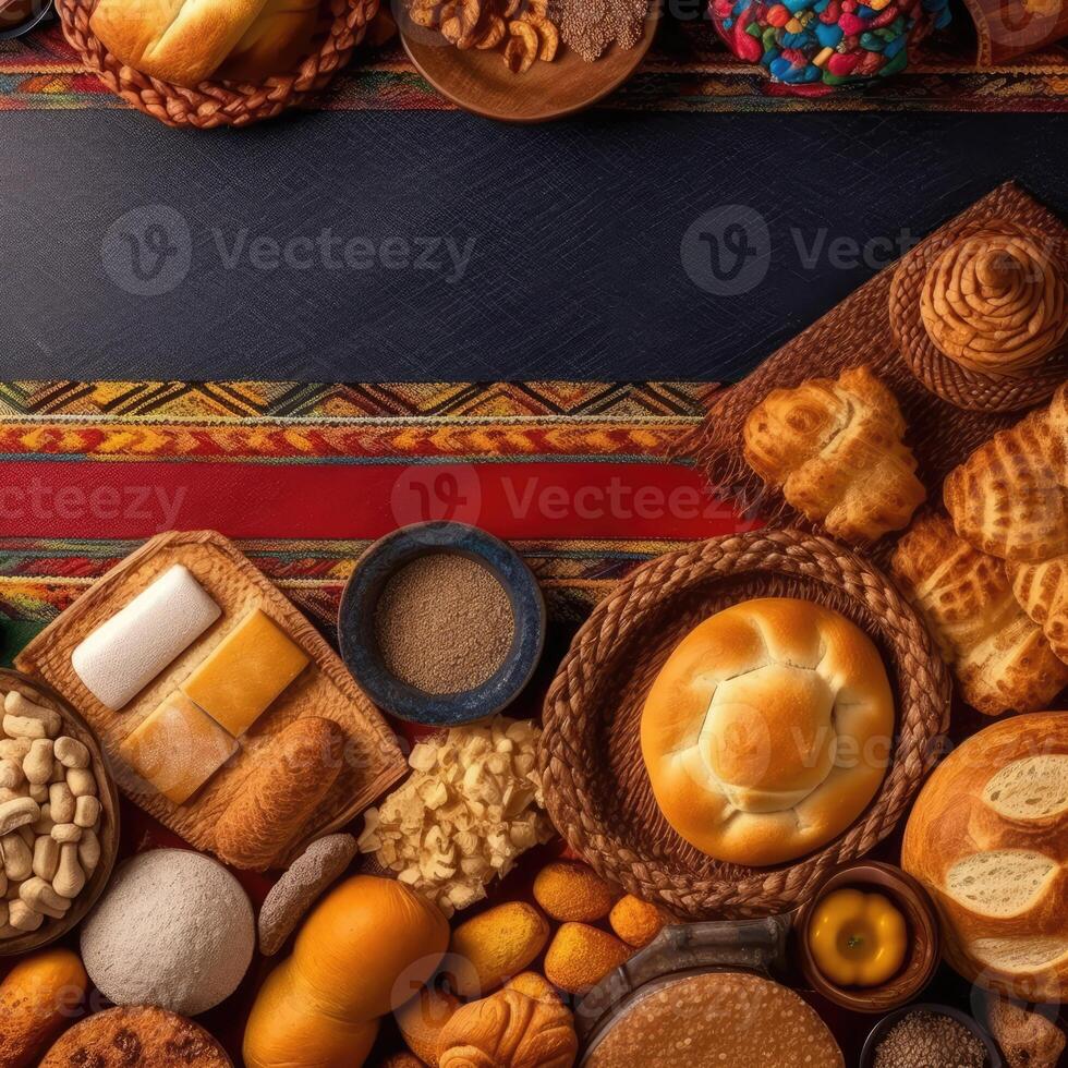 Food party on decorated table for festa junina celebration. Brazilian food for celebrating June feast. food background illustration photo