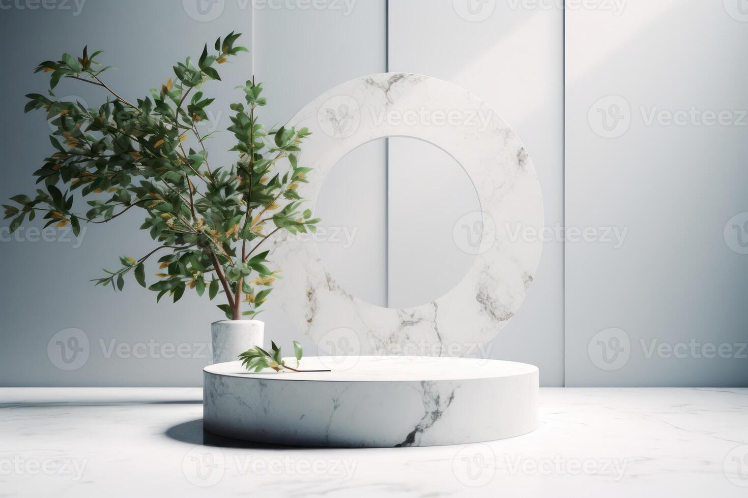 White podium display for product advertising. cosmetic product stand with green leafes decoration. abstract minimal advertise. white background illustration photo