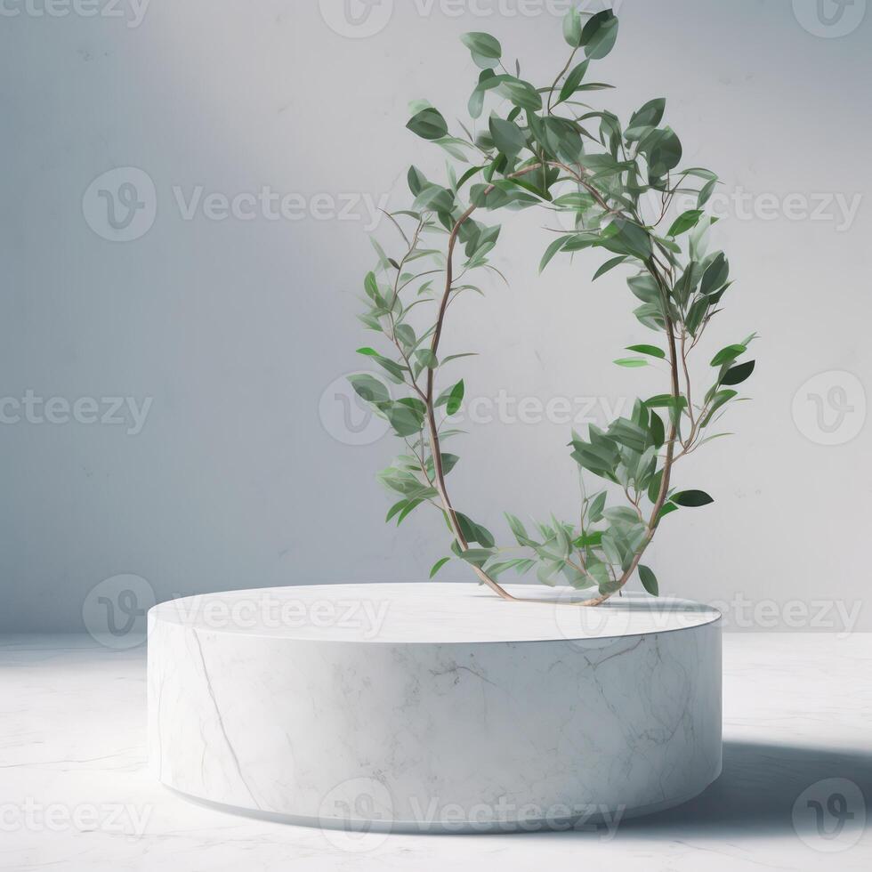 White podium display for product advertising. cosmetic product stand with green leafes decoration. abstract minimal advertise. white background illustration photo