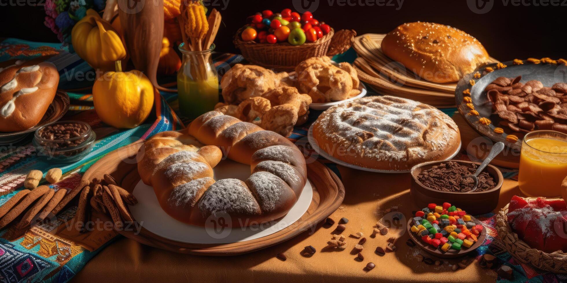 comida fiesta en decorado mesa para festa junina celebracion. brasileño comida para celebrando junio banquete. comida antecedentes generativo ai ilustración foto