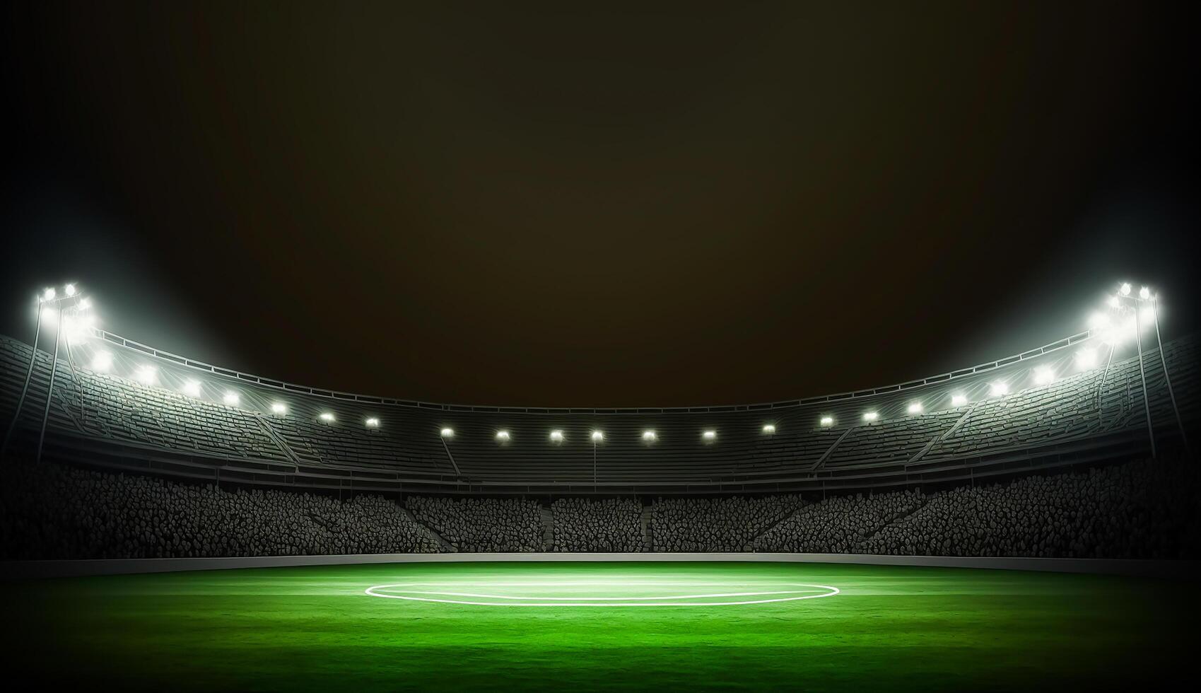 fútbol estadio iluminado por focos y vacío verde césped patio de juegos, grande estadio, generativo ai foto