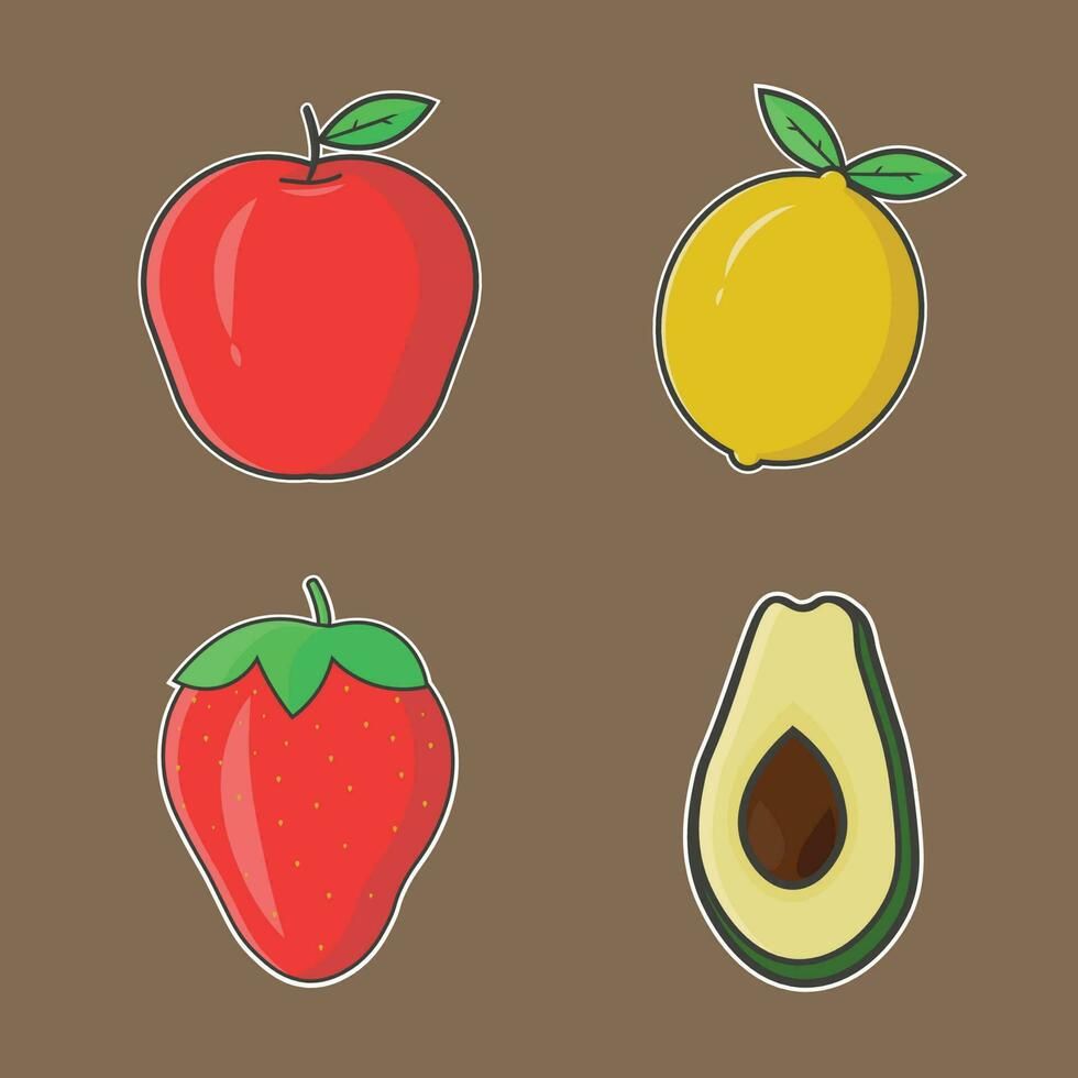 dibujos animados Fruta manzana, limón, fresa y aguacate vector