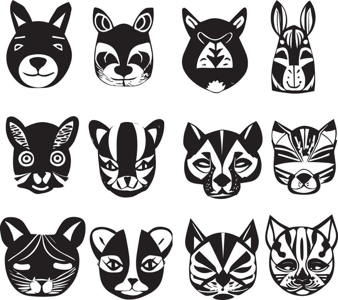 Cute animal masks black and white vector