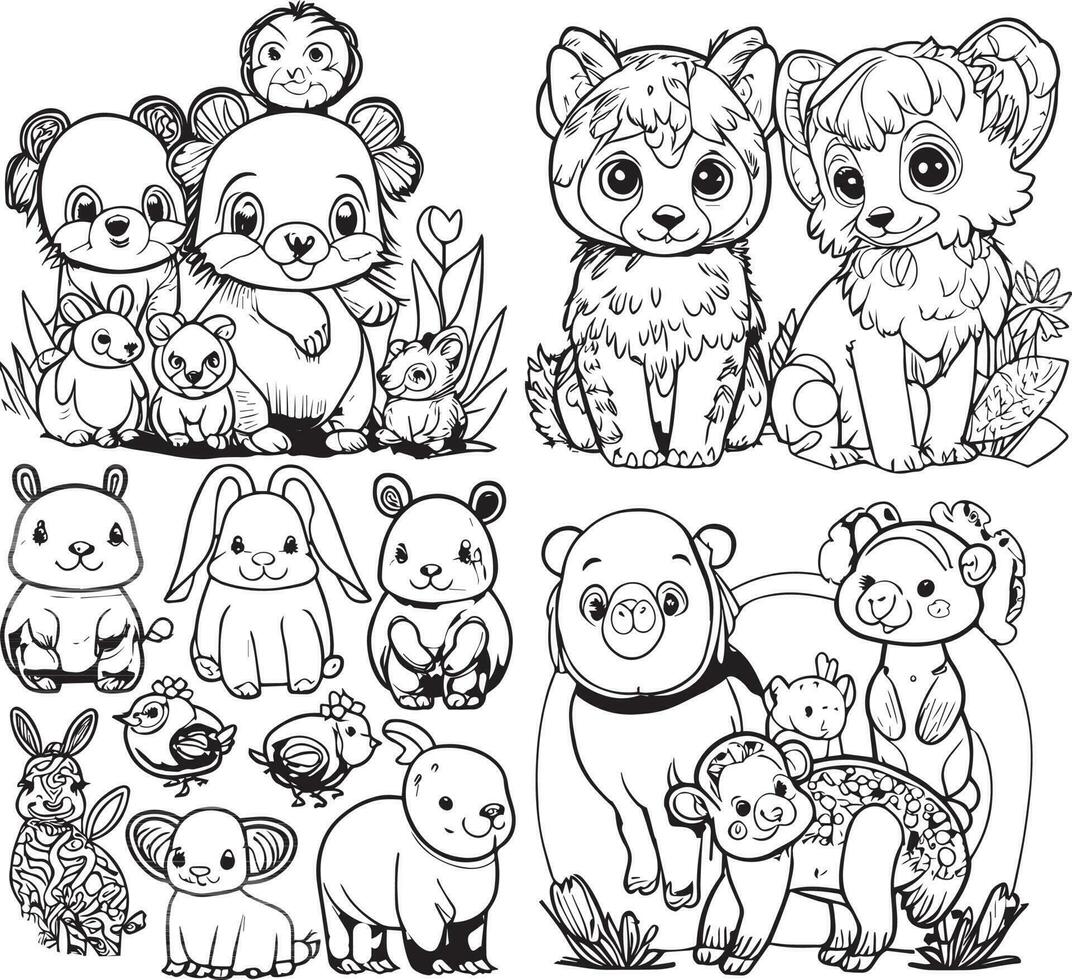 Cute Baby Animals Coloring Pages Line Art Vector 24521228 Vector ...