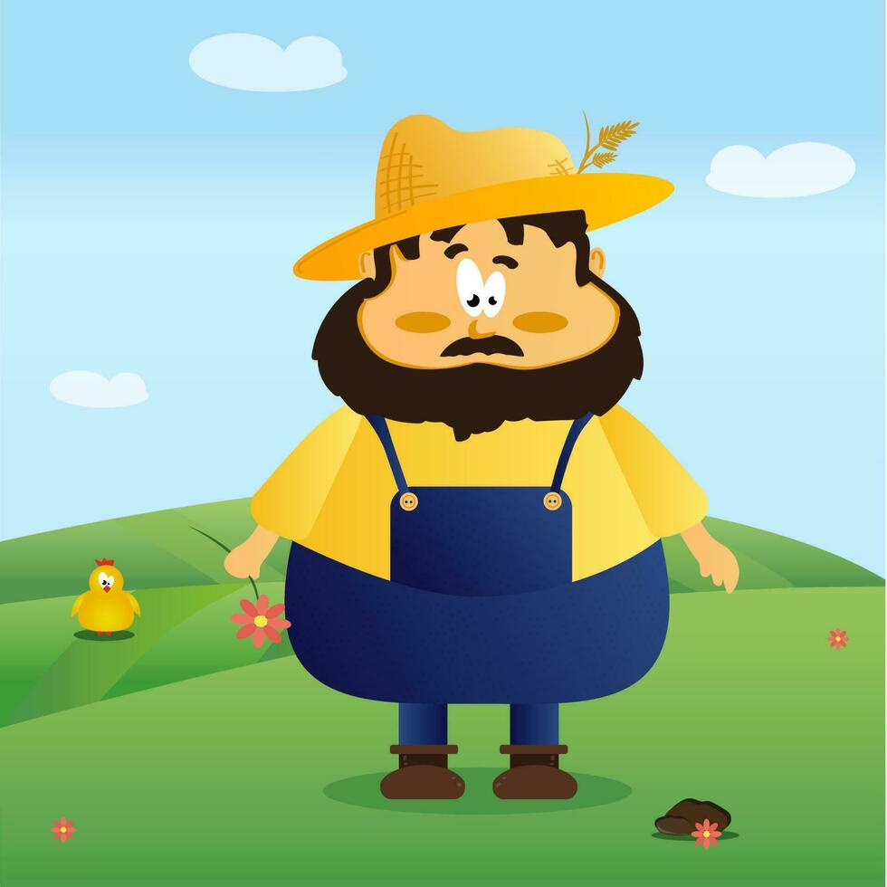 Weird sad farmer in a yellow shirt and blue overalls. Salomon hat with spikelets and flower in hand with a crazy cartoon chicken in a clearing. Vector. vector