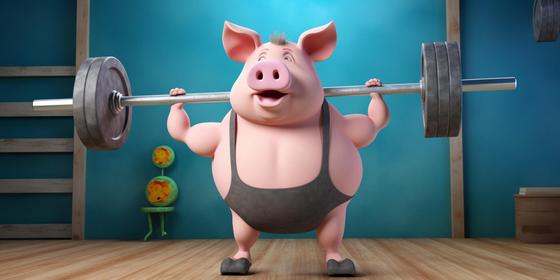 Pig with barbell is standing on a barbell photo