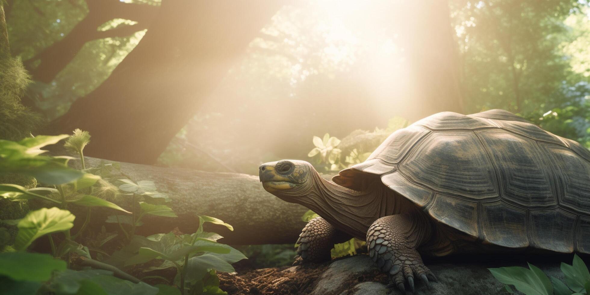 un tortuga en el selva con un Brillo Solar ai generado foto