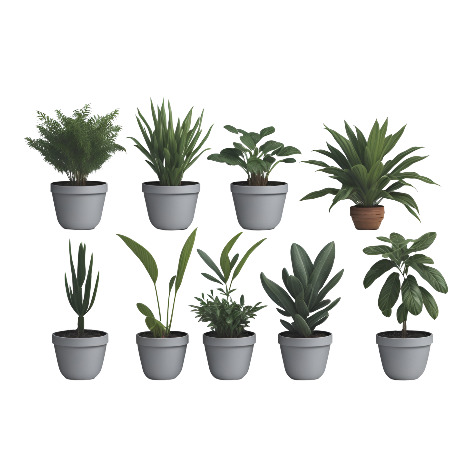 Potted plant isolated collection, set of potted plants on transparent